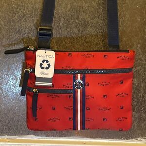 NWT Nautica Red and Blue Crossbody Nylon zipper Travel Bag with long strap